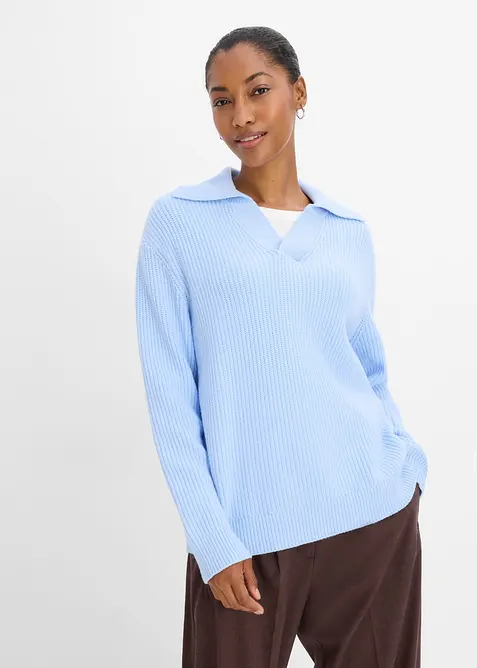 Grobstrick-Pullover im Polo-Stil in blau von vorne (im Anschnitt) - bonprix