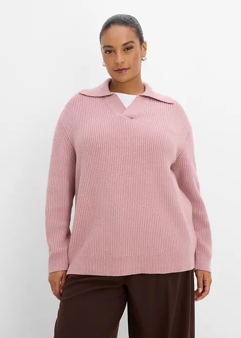 Grobstrick-Pullover im Polo-Stil in rosa von vorne (im Anschnitt) - bonprix