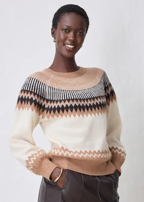 Norweger-Pullover aus weichem Alpaka-Mix in beige von vorne (im Anschnitt) - bonprix