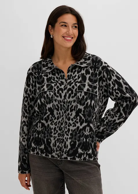 Strickjacke mit Jacquardmuster in grau von vorne (im Anschnitt) - bonprix