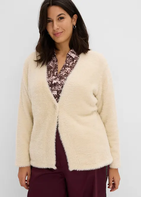 Strickjacke aus Federgarn in beige von vorne (im Anschnitt) - bonprix