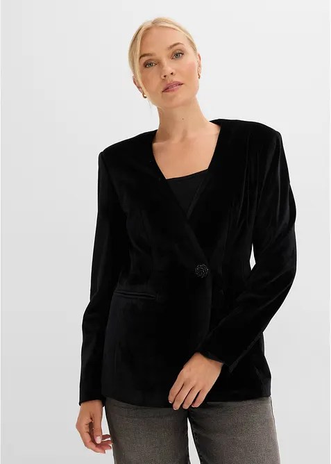Blazer aus Samt mit Glitzer-Knopf in schwarz von vorne (im Anschnitt) - bonprix