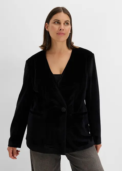 Blazer aus Samt mit Glitzer-Knopf in schwarz von vorne (im Anschnitt) - bonprix