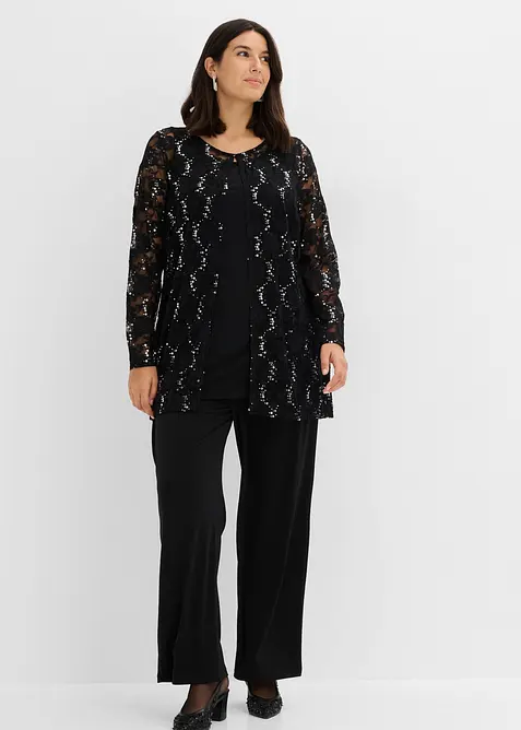 Top mit Spitzenjacke und Hose (3-tlg. Set) in schwarz von vorne (Totalaufnahme) - bonprix