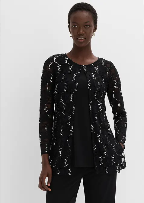 Top mit Spitzenjacke und Hose (3-tlg. Set) in schwarz von vorne (Totalaufnahme) - bonprix