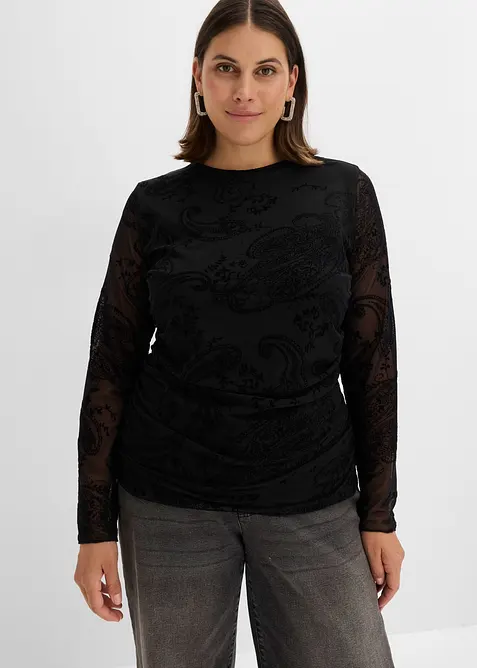 Langarmshirt aus feinem Mesh in schwarz von vorne (im Anschnitt) - bonprix