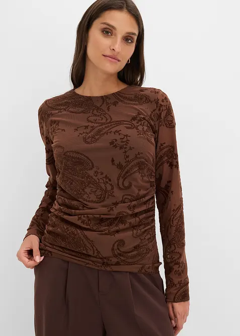 Langarmshirt aus feinem Mesh in braun von vorne (im Anschnitt) - bonprix