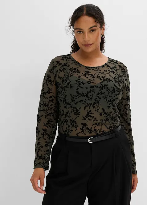 Langarmshirt aus softem Mesh in grün von vorne (im Anschnitt) - bonprix
