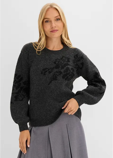 Feinstrickpullover mit Ballonärmeln in grau von vorne (im Anschnitt) - bonprix