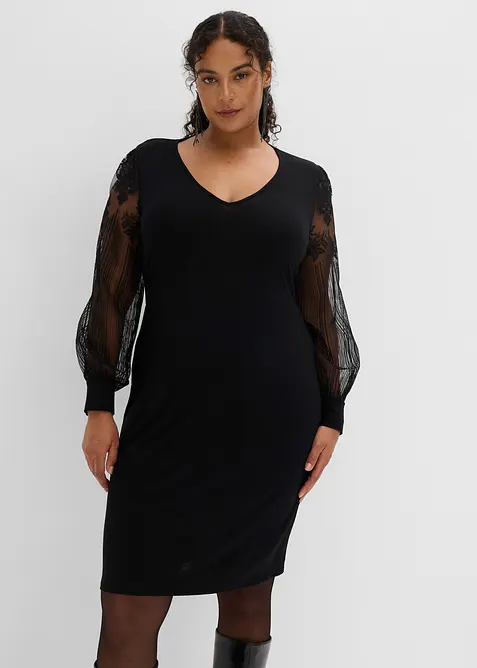 Minikleid mit transparenten Ballonärmeln und Stickerei in schwarz von vorne (Totalaufnahme) - bonprix