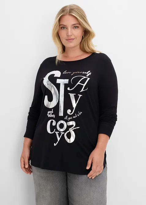Langarmshirt aus fließendem Viskose-Mix in schwarz von vorne (im Anschnitt) - bonprix