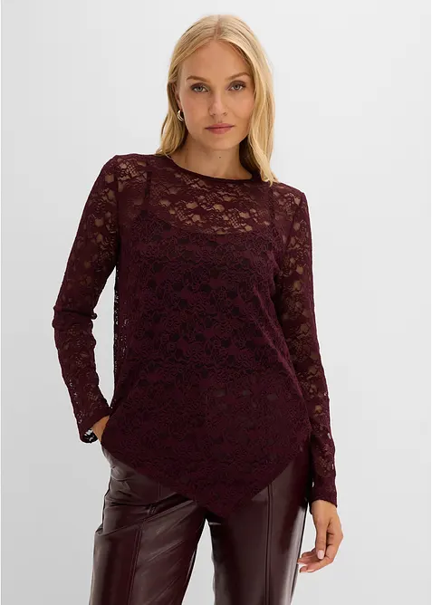 Langarmshirt aus elastischer Spitze in rot von vorne (im Anschnitt) - bonprix