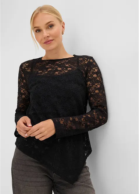 Langarmshirt aus elastischer Spitze in schwarz von vorne (im Anschnitt) - bonprix