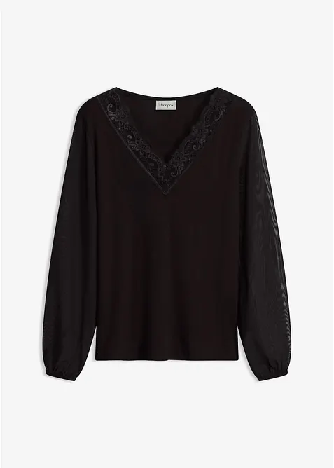 Langarmshirt mit Spitzenbesatz am V-Ausschnitt in schwarz von vorne - bonprix