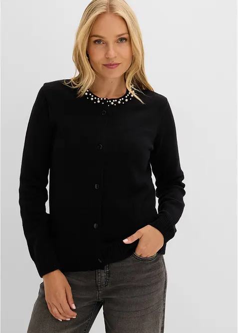 Feinstrickjacke mit Perlen-Kragen in schwarz von vorne (im Anschnitt) - bonprix