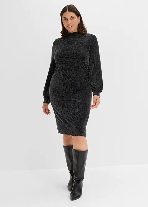 Jerseykleid mit seitlicher Raffung und Glitzer-Effekt in schwarz von vorne (Totalaufnahme) - bonprix