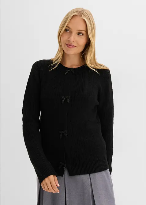 Feinstrickjacke mit Schleifen-Verschluss in schwarz von vorne (im Anschnitt) - bonprix