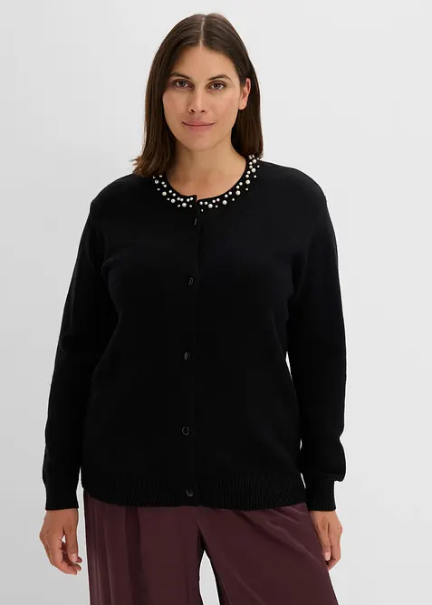 Feinstrickjacke mit Perlen-Kragen in schwarz von vorne (im Anschnitt) - bonprix