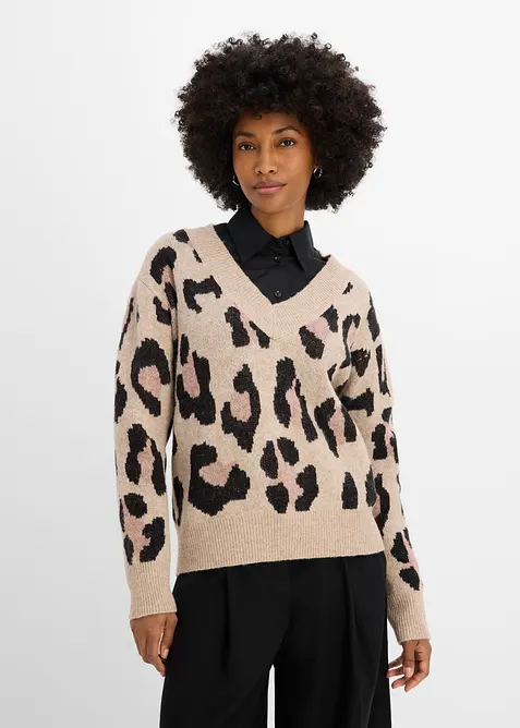 Pullover mit Jacquardmuster in beige von vorne (im Anschnitt) - bonprix