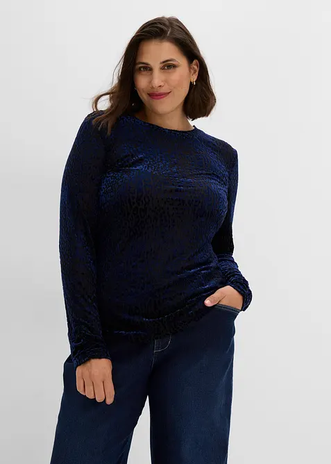 Langarmshirt aus Dévoré-Samt in blau von vorne (im Anschnitt) - bonprix