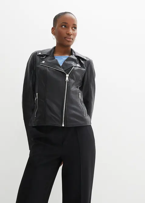 Bikerjacke aus Nappaleder in schwarz von vorne (im Anschnitt) - bonprix