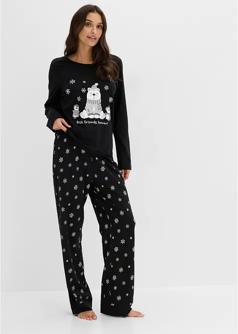 Pyjama aus reiner Baumwolle mit Schlafmaske in schwarz von vorne (Totalaufnahme) - bonprix