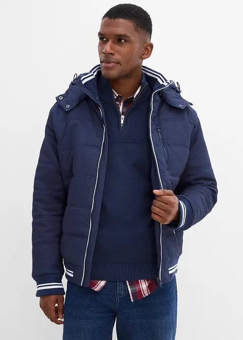 Steppjacke mit abnehmbarer Kapuze in blau von vorne (im Anschnitt) - bonprix