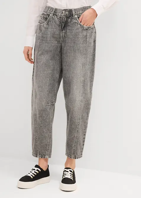 Barrel-Jeans Mid Waist, cropped in grau von vorne - bonprix