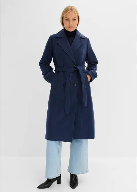 Winter-Trenchcoat in Wolloptik in blau von vorne (Totalaufnahme) - bonprix