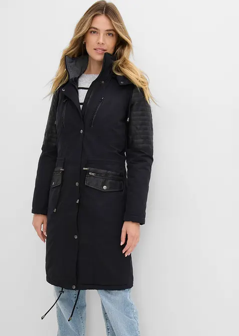 Long-Parka mit Lederimitateinsatz in schwarz von vorne (Totalaufnahme) - bonprix