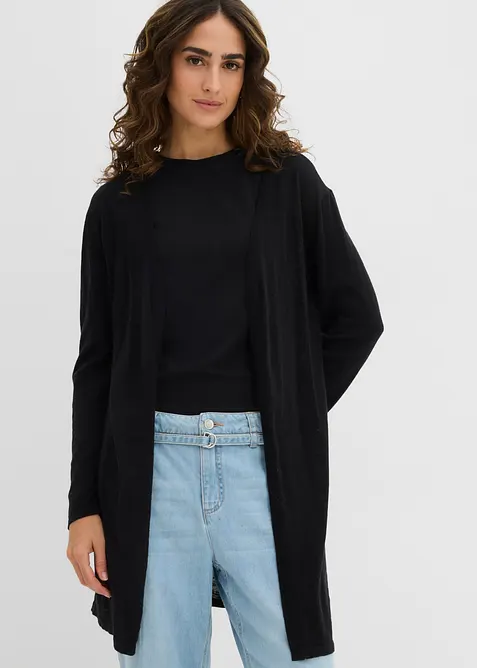Longstrickjacke, offen in schwarz von vorne (im Anschnitt) - bonprix