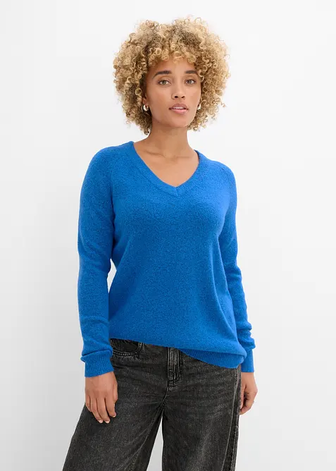 Strickpullover mit V-Ausschnitt, Oversized Fit in blau von vorne (im Anschnitt) - bonprix