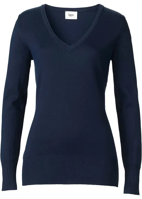 Feinstrick-Pullover mit V-Ausschnitt in blau - bpc bonprix collection