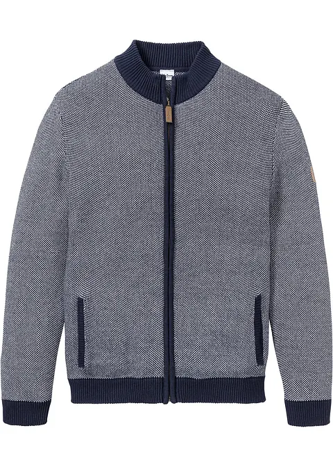 Strickjacke mit Stehkragen aus reiner Baumwolle in blau von vorne - bonprix