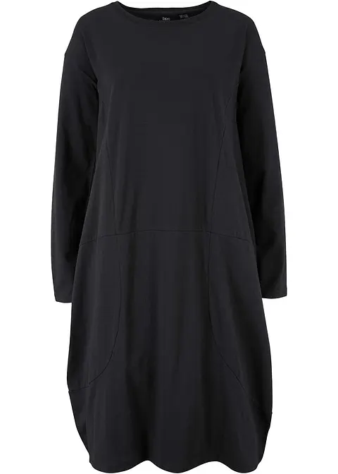 Knieumspielendes O-förmiges Baumwoll-Shirtkleid mit Taschen aus Web, langarm in schwarz von vorne - bpc bonprix collection
