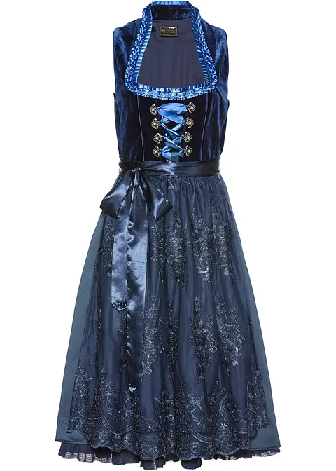 Dirndl mit Samt und Stickerei (2-tlg.Set) in blau von vorne - bpc selection premium