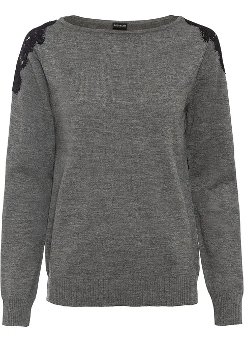 Pullover mit Spitze in grau von vorne - bonprix