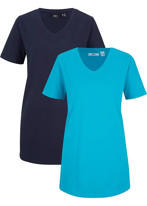 Basic Long-Shirt mit V-Ausschnitt und Kurzarm, 2er Pack in blau von vorne - bonprix