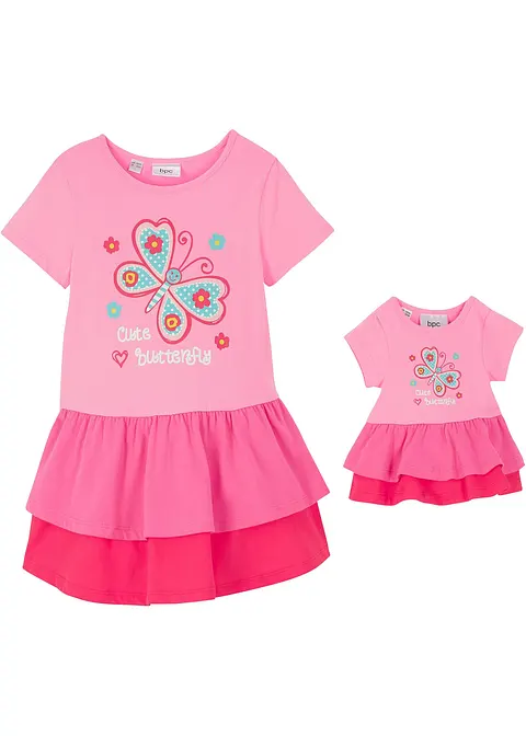 Shirtkleid und Puppenkleid (2-tlg.) aus reiner Bio-Baumwolle in rosa von vorne - bonprix