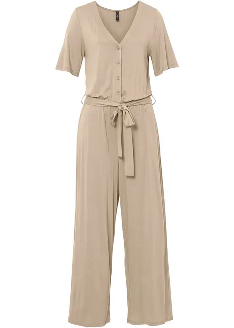 Jersey Jumpsuit mit Bindeband in beige von vorne - RAINBOW