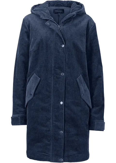 Warmer Cord-Parka mit Teddy-Futter in der Kapuze, in A-Linie in blau von vorne - bonprix
