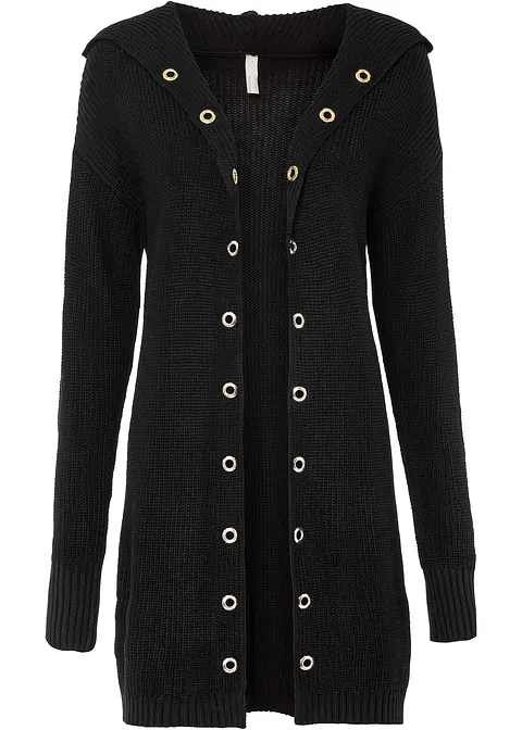 Longstrickjacke mit Kapuze in schwarz von vorne - bonprix