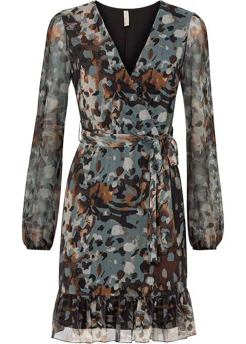 Minikleid aus luftigem Mesh in Wickel-Optik in braun von vorne - bonprix
