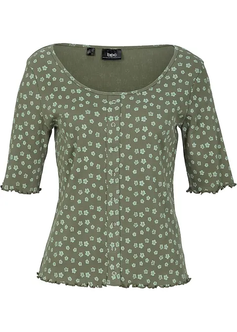 Ripp-Shirt mit Blumendruck, Halbarm in grün von vorne - bonprix
