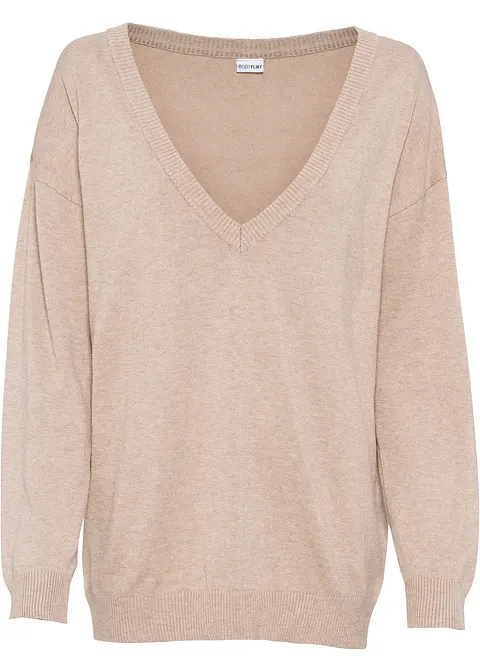 Oversize-Pullover mit V-Ausschnitt in beige von vorne - bonprix