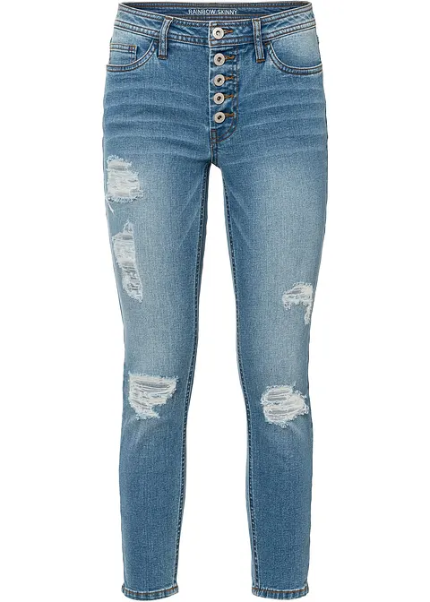 Verkürzte Destroyed-Skinny-Jeans in blau von vorne - bonprix