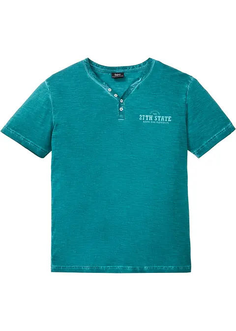 Henleyshirt, Kurzarm in gewaschener Optik aus reiner Baumwolle in petrol von vorne - bonprix