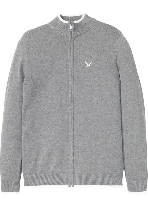 Feinstrickjacke mit Stehkragen und recycelter Baumwolle in grau von vorne - bonprix