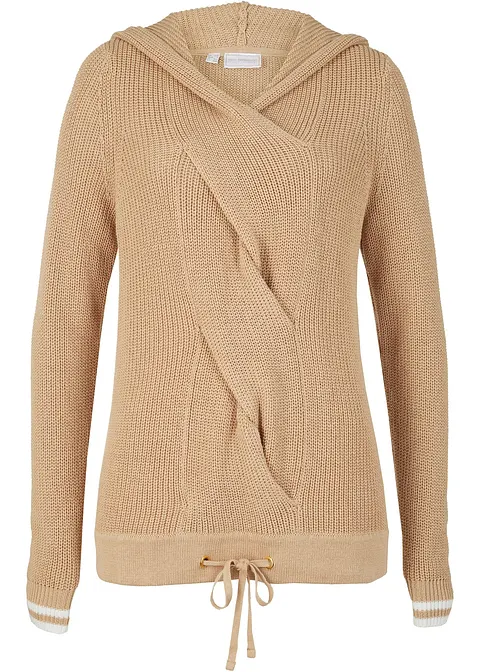 Pullover mit Kapuze und raffiniertem Zopfmuster in beige von vorne - bonprix