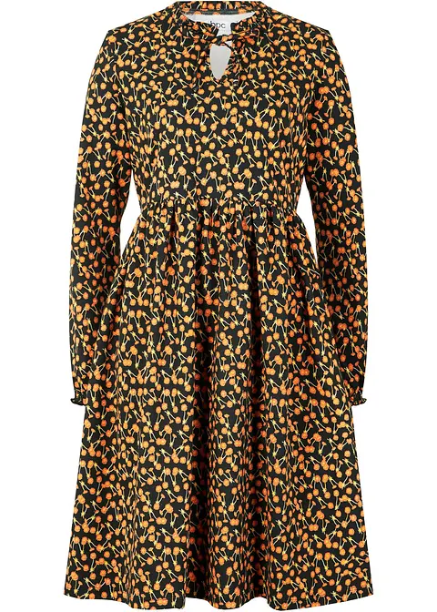 Baumwoll-Kleid mit Bindedetail im Ausschnitt, knieumspielend in schwarz von vorne - bpc bonprix collection